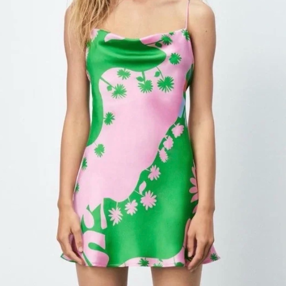 Printed short spaghetti strap slip dress in green and pink floral print.